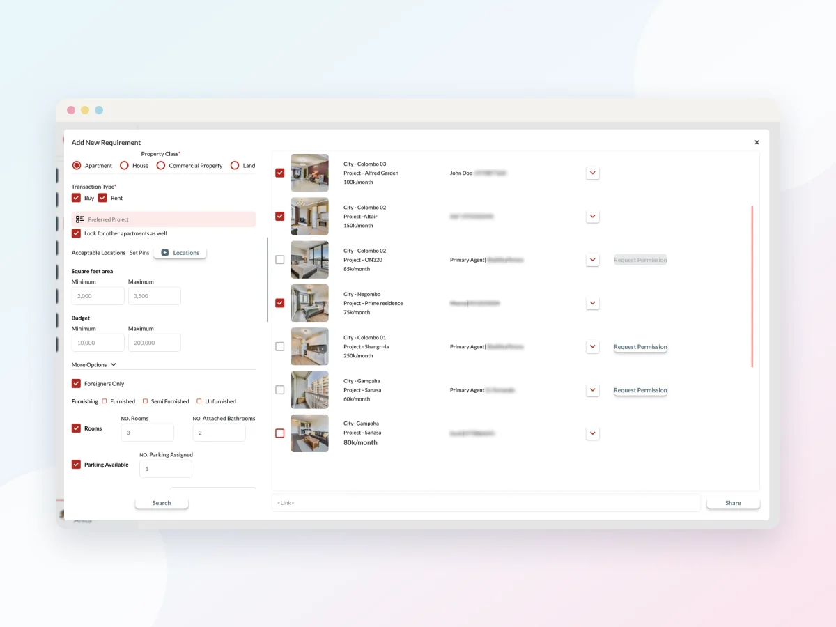 Real estate buyer requirement with automatically matched properties