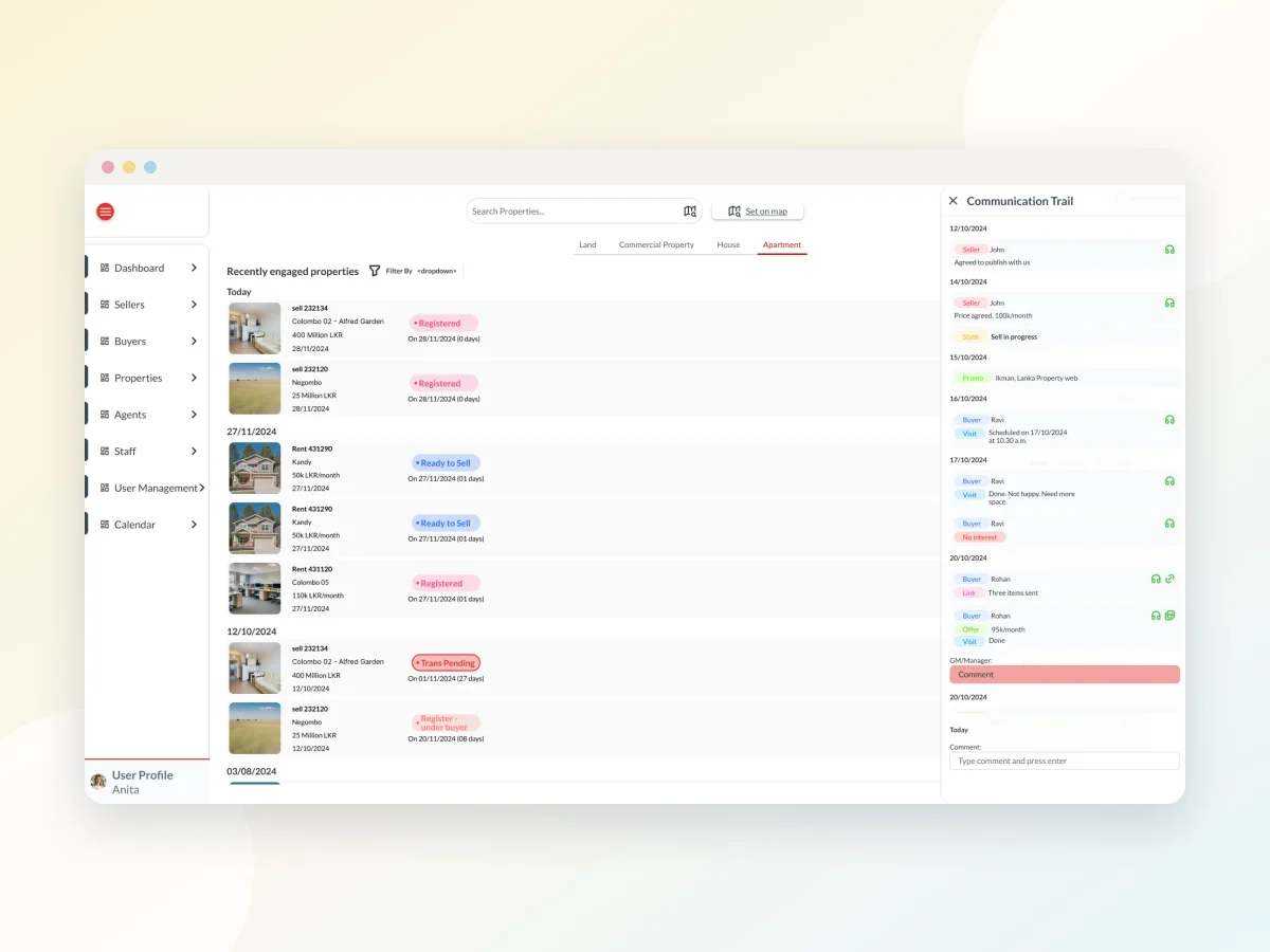 Real estate dashboard with a property's communication trail