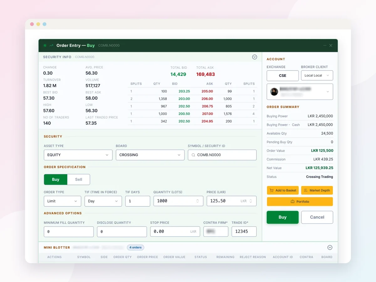 Stock brokerage OMS: light-theme order entry