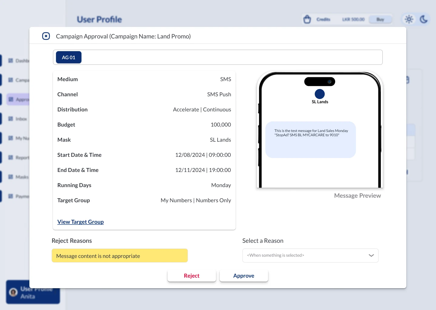 Campaign approval window showing ad group details, a phone message preview, and a reject reason selected before rejecting or approving