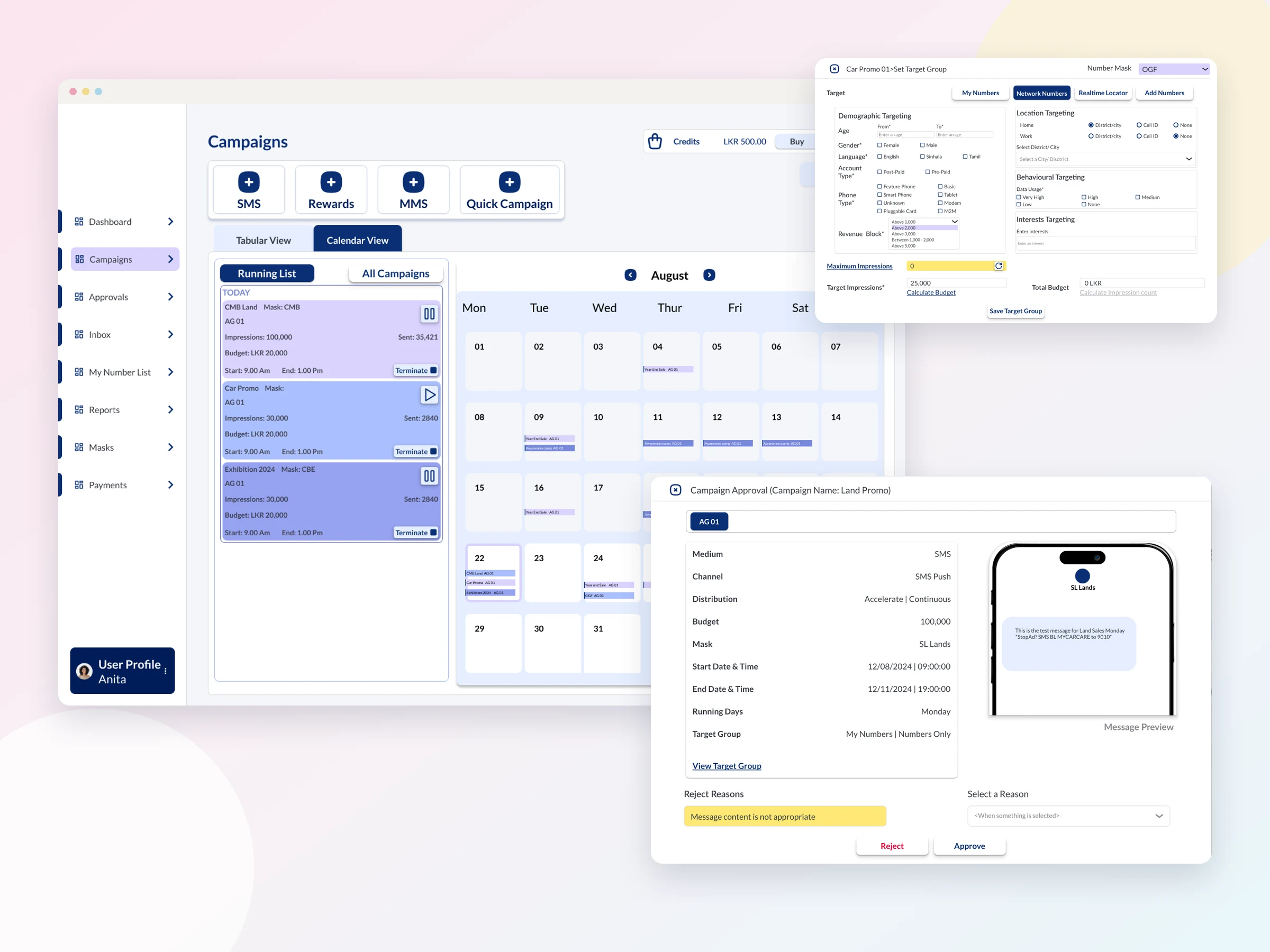 The campaign calendar, the Network Numbers targeting panel and a campaign approval window with a message preview
