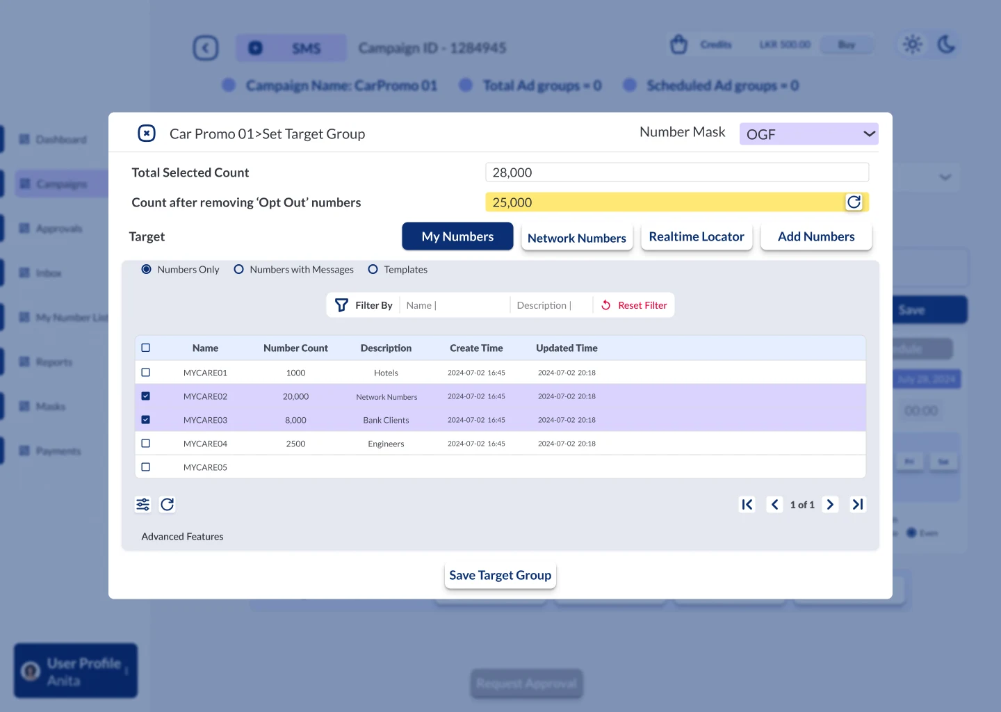 Set Target Group panel on the My Numbers tab: total selected count, count after removing opted-out numbers, and a table of saved number lists