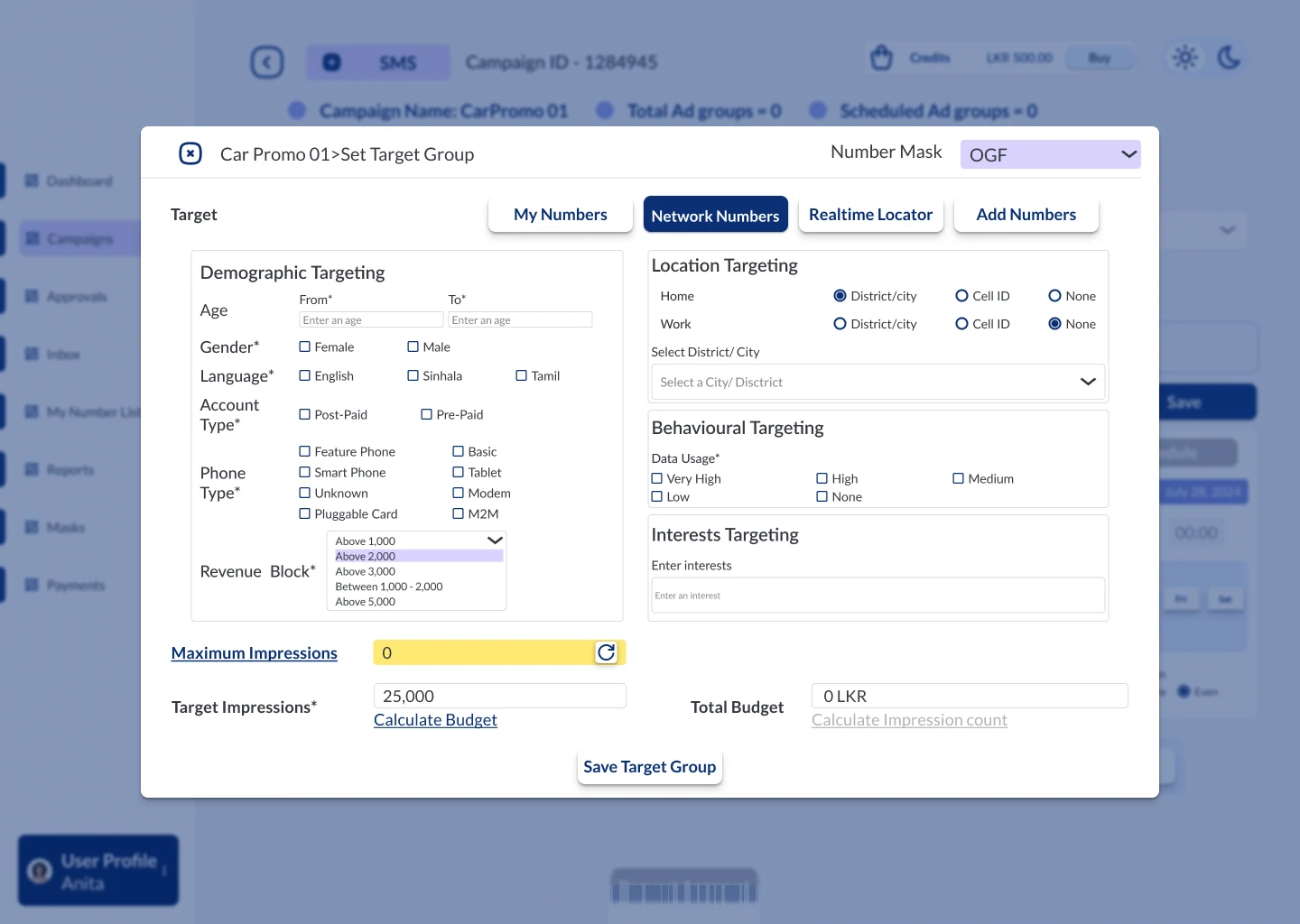 Set Target Group panel on the Network Numbers tab with demographic, location, behavioural and interest targeting, maximum impressions and total budget
