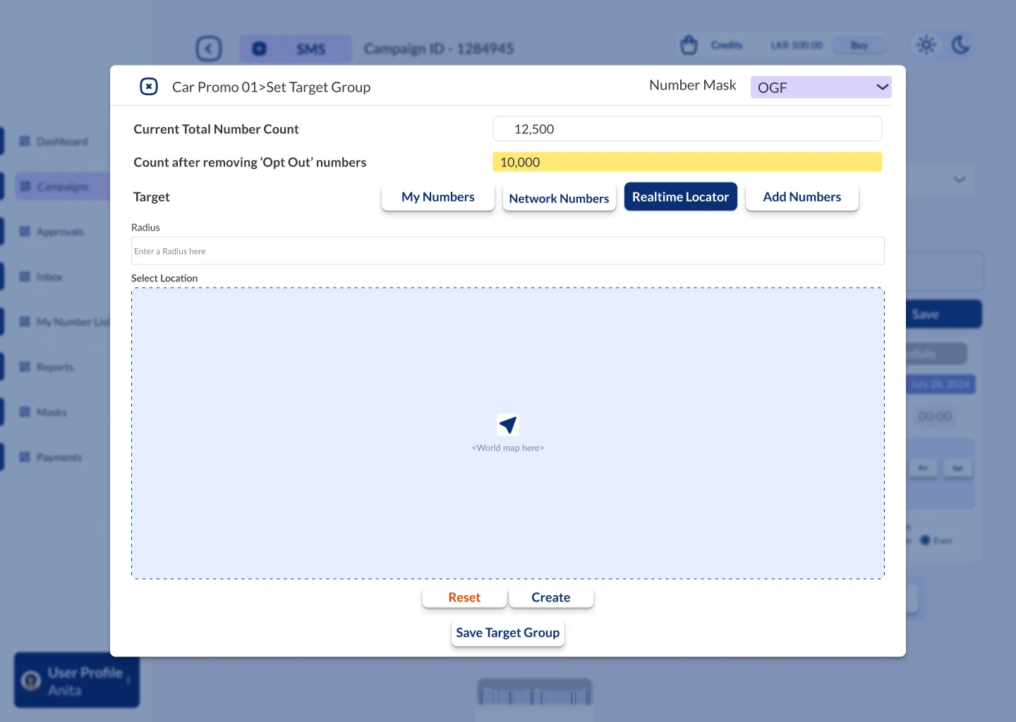 Set Target Group panel on the Realtime Locator tab with a radius field and a map area