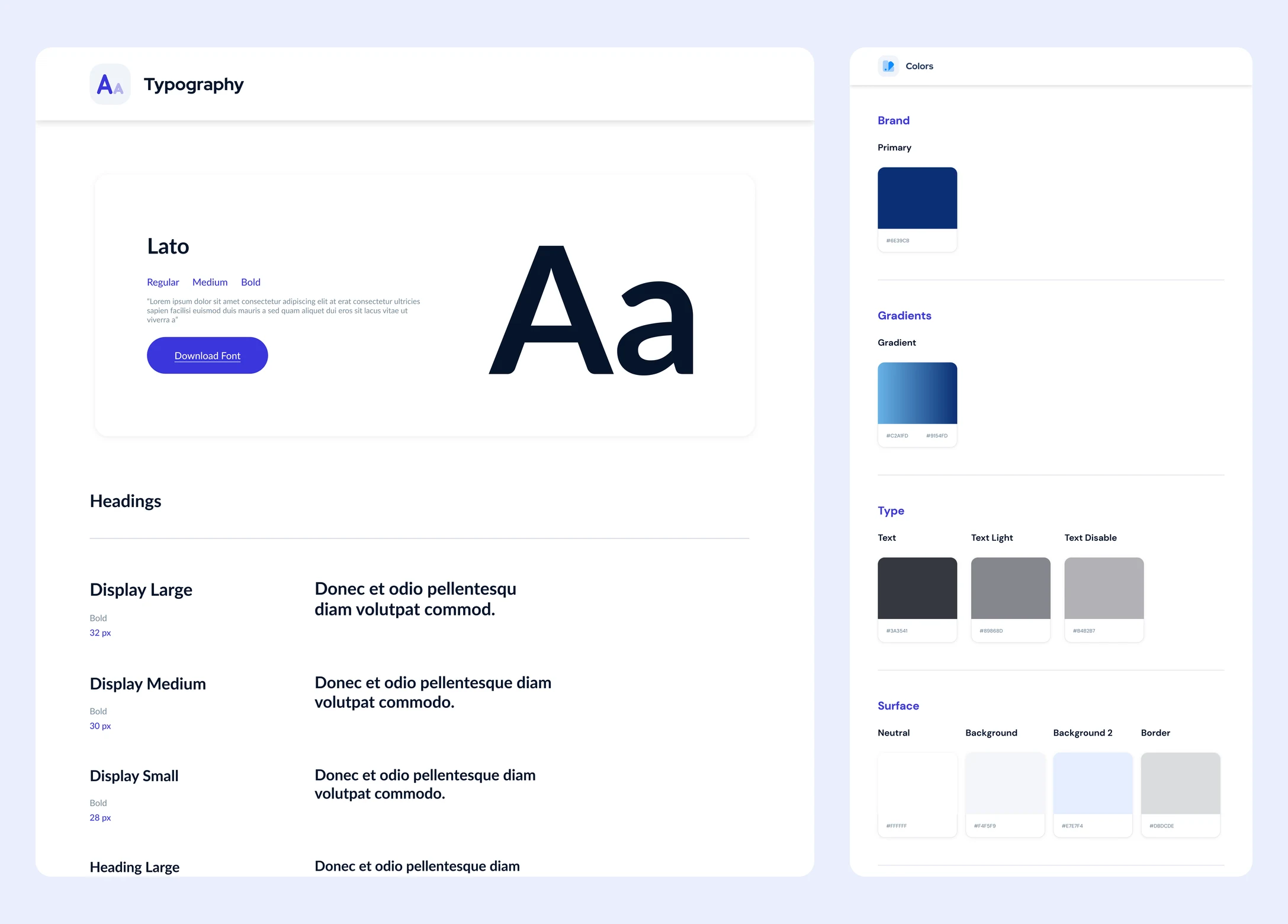 Typography page showing Lato and the heading scale, beside the colour page with brand, gradient, text and surface colours