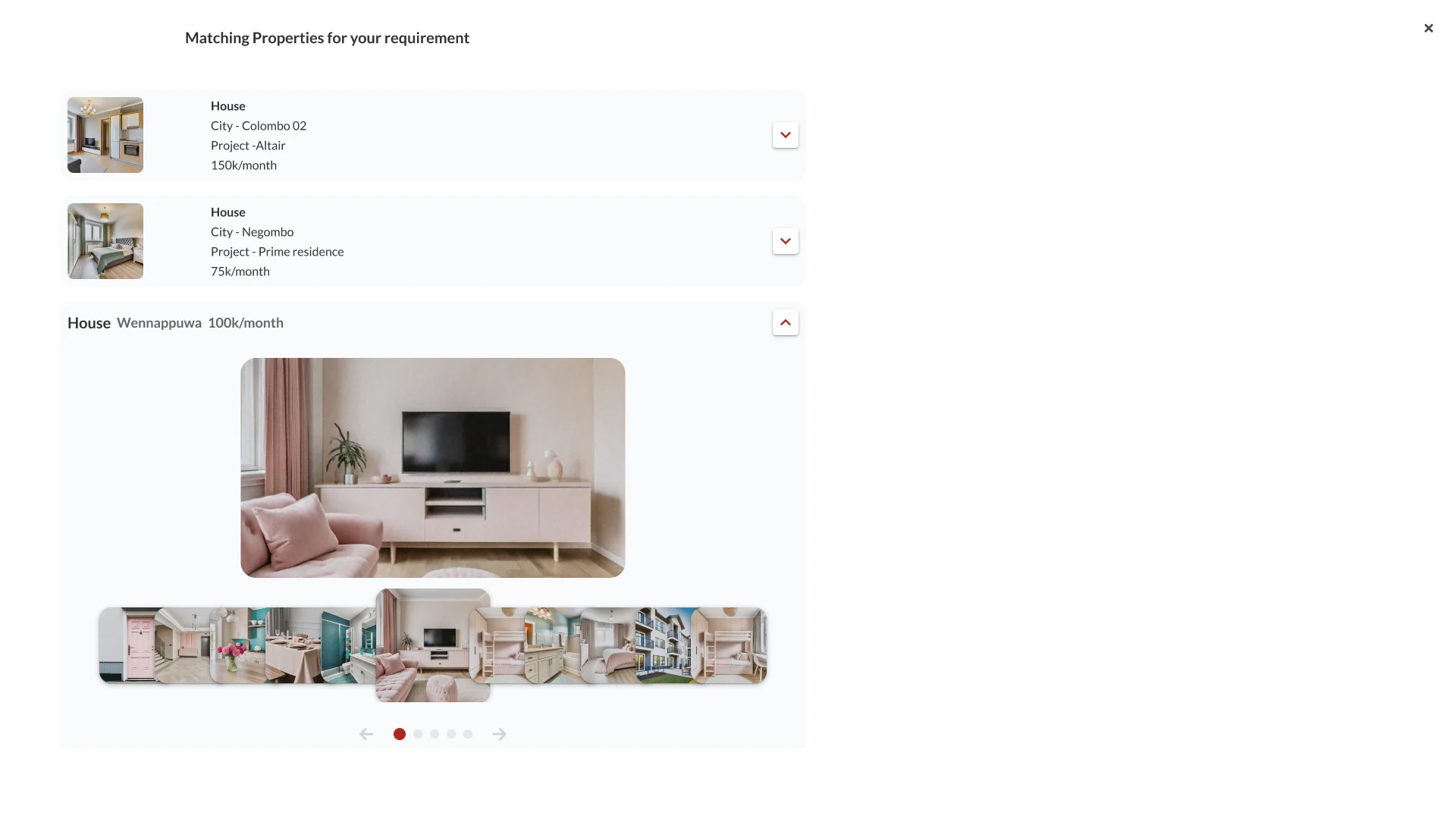 Buyer link page titled Matching properties for your requirement, with two collapsed property cards and one expanded card showing a photo gallery