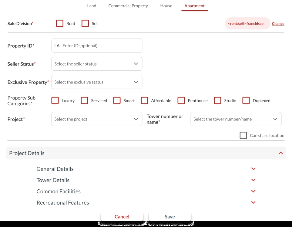 Add unit form for an apartment: required fields such as sale division, property ID, seller status and project at the top, then a Project Details section expanded into collapsible General Details, Tower Details, Common Facilities and Recreational Features