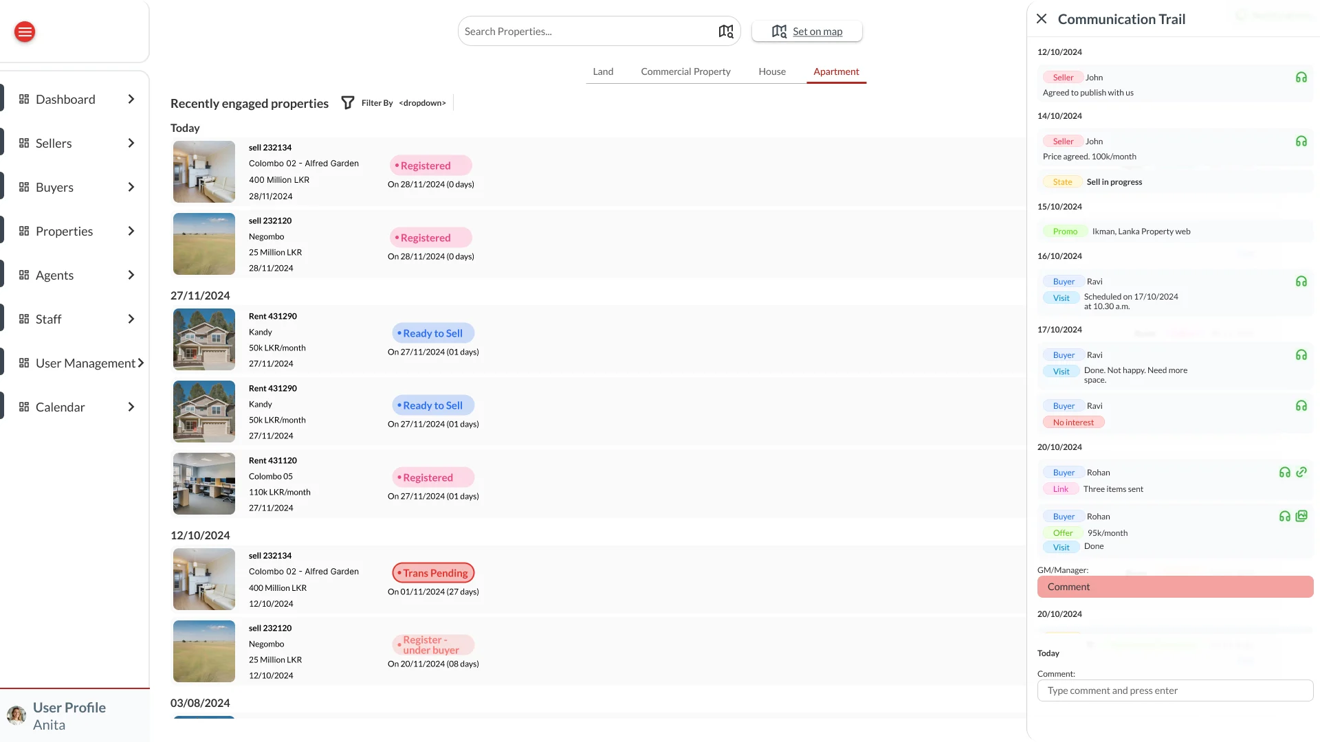 CEO dashboard listing recently engaged properties with their states, with one property's communication trail open on the right and a manager comment field