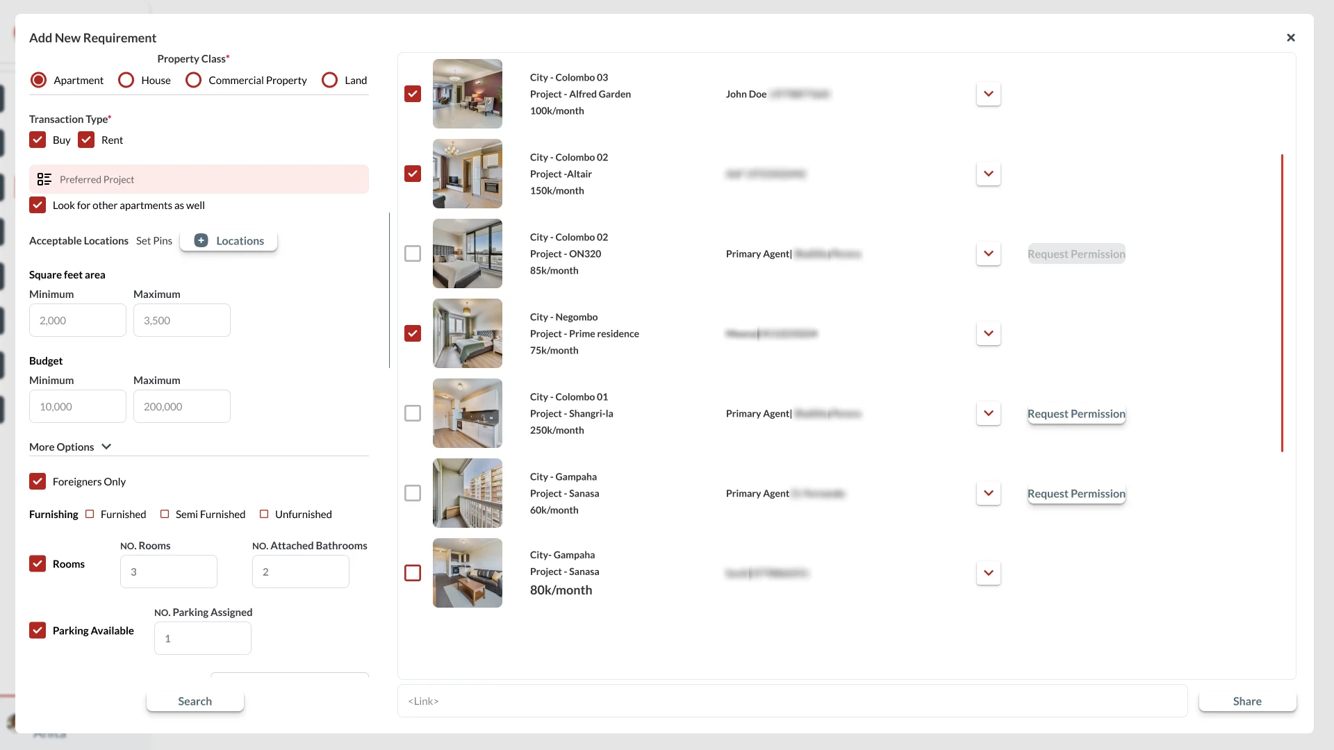 Add New Requirement window: the buyer's criteria on the left and a list of matching properties on the right, with checkboxes to select, Request Permission buttons for other agents' listings, and a Share button for the link