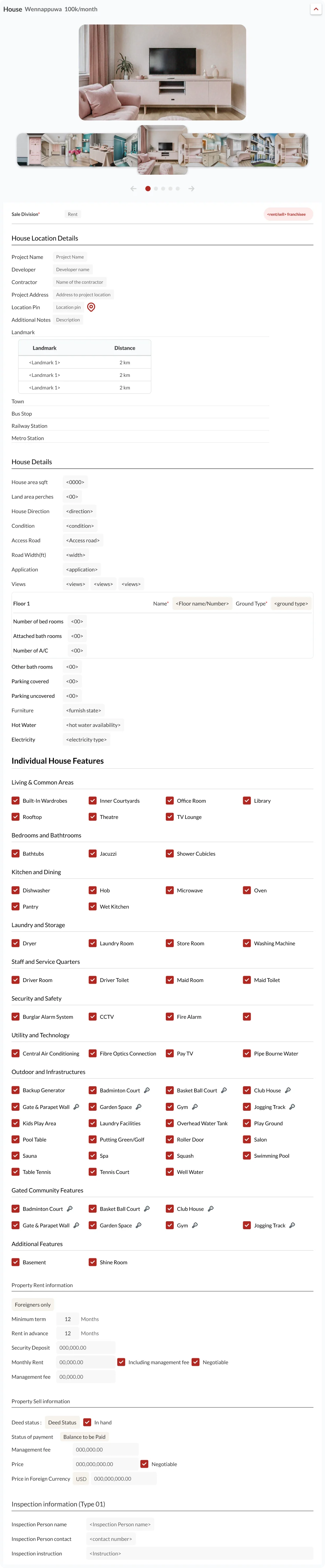 Full house detail page: gallery, location, house details, floor details and grouped features