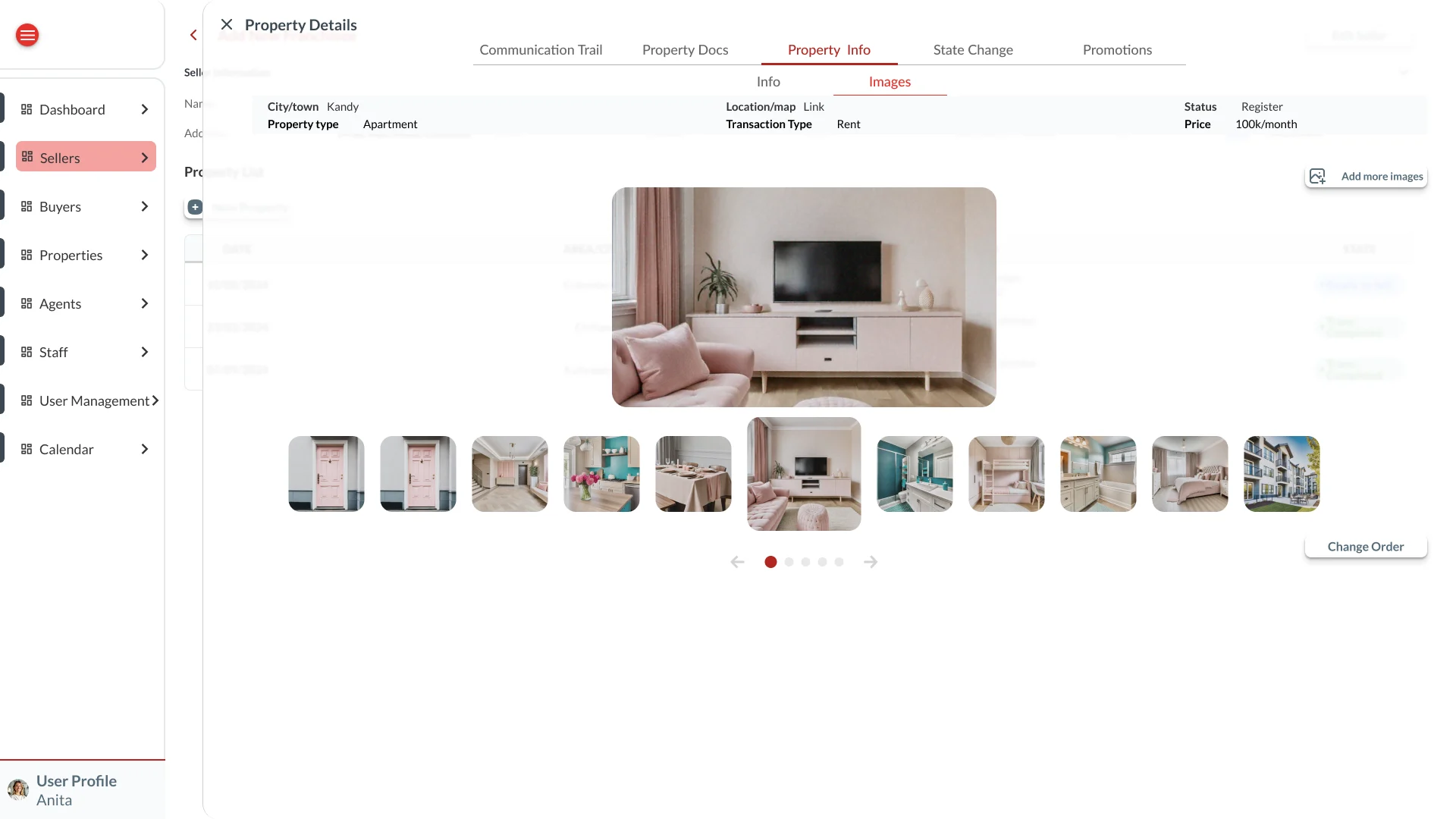 Property details opened on the Images tab, with a main photo, a thumbnail strip and options to add images or change their order