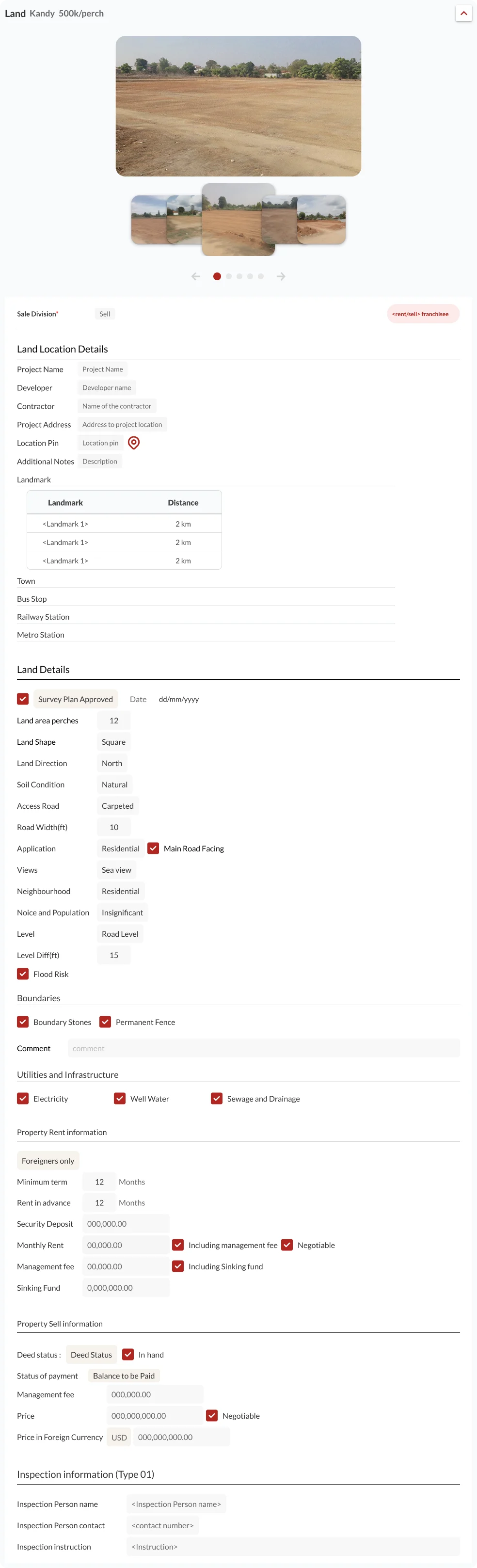Full land detail page: gallery, location, land details, boundaries and utilities