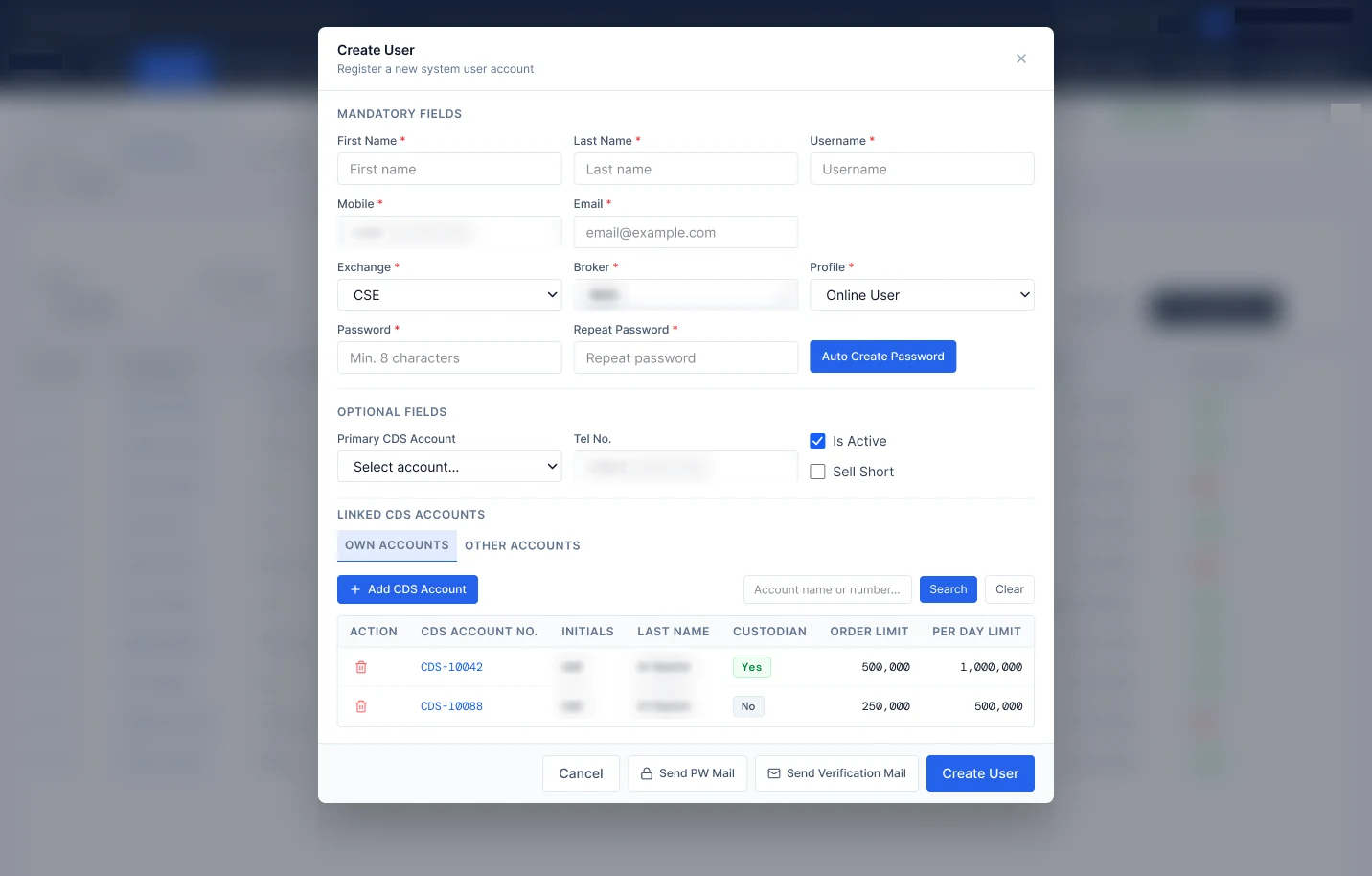 Admin panel create user dialog with mandatory fields, profile, linked CDS accounts and order limits