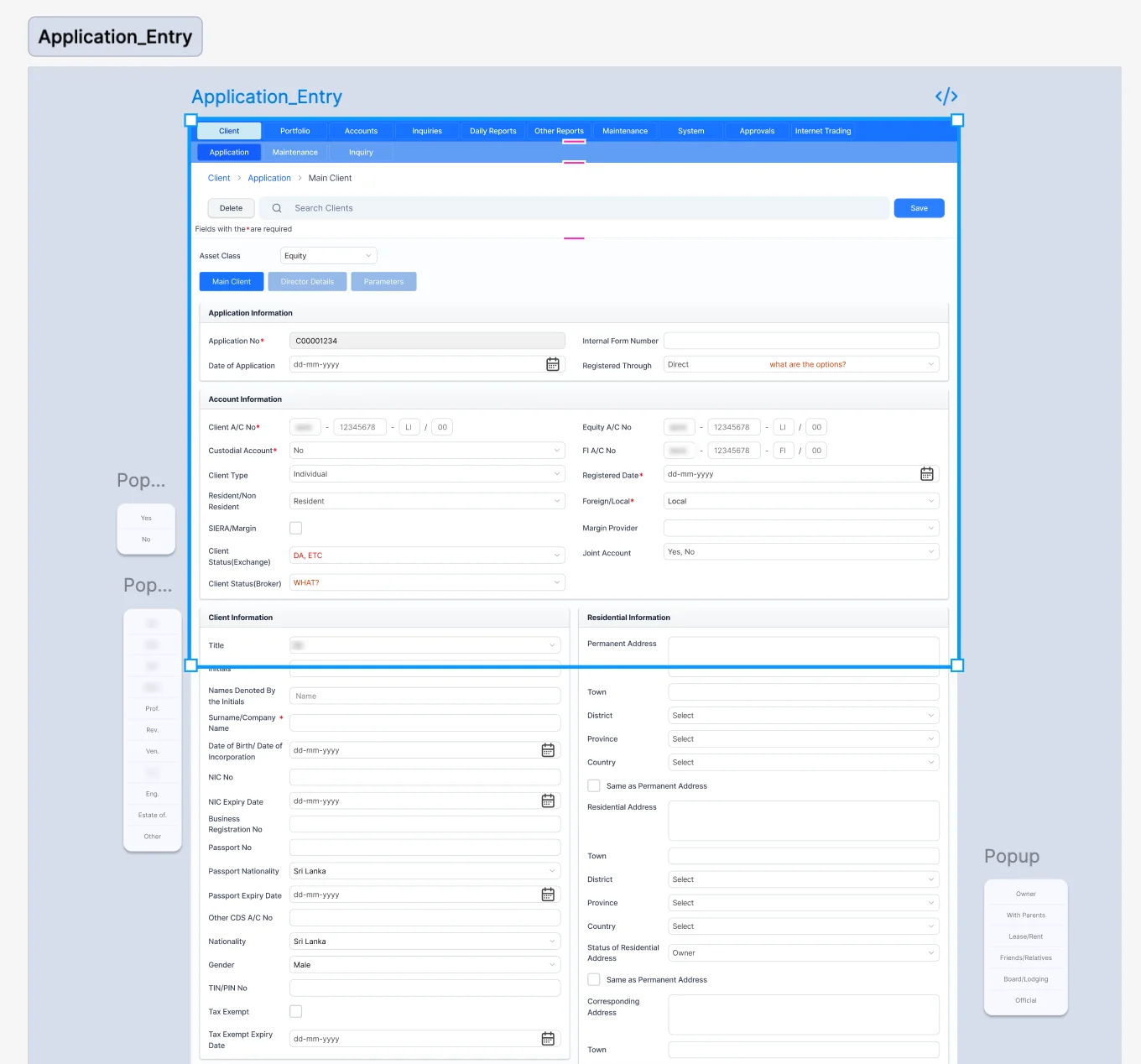 Back-office application entry screen being designed in Figma, with its supporting pop-ups alongside