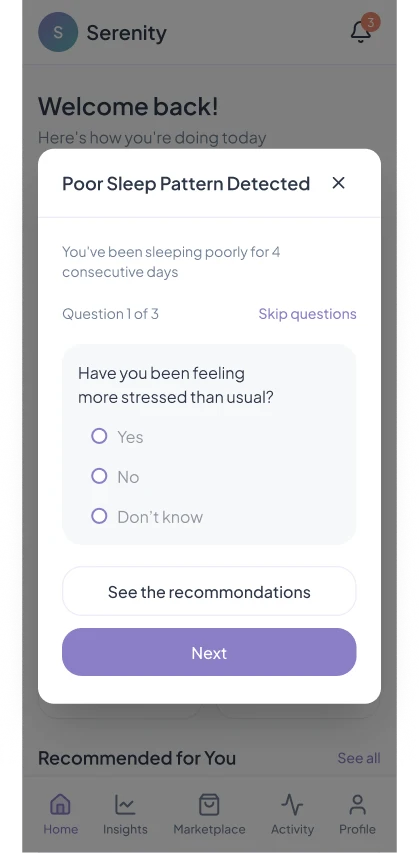 Mental Health App: Poor sleep detected: question 1