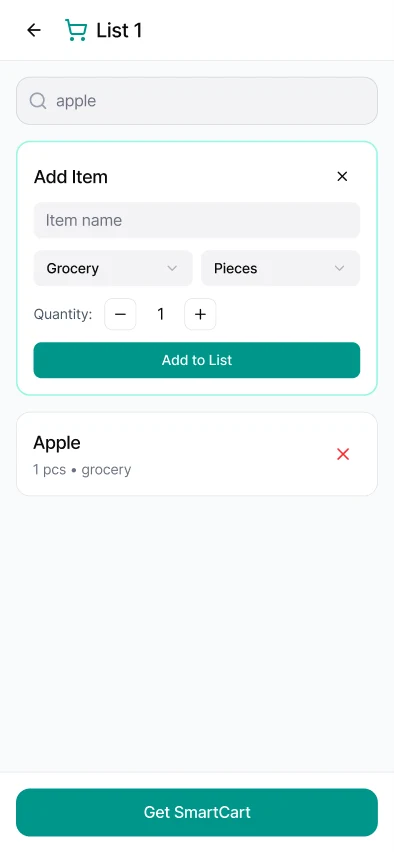 SmartCart: New list · one item added · next item adding