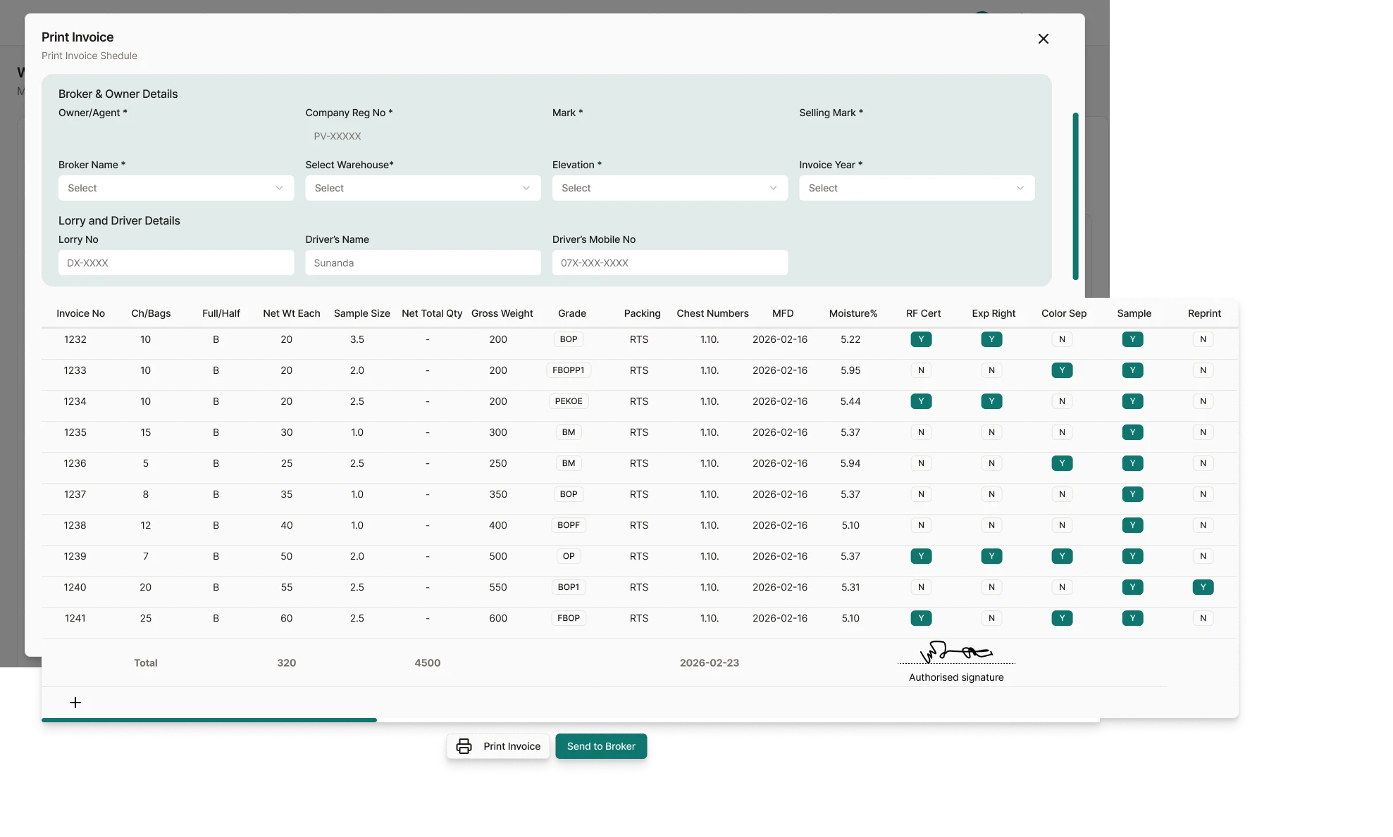 Tea Brokerage Management Platform: Seller · add new invoice · 1