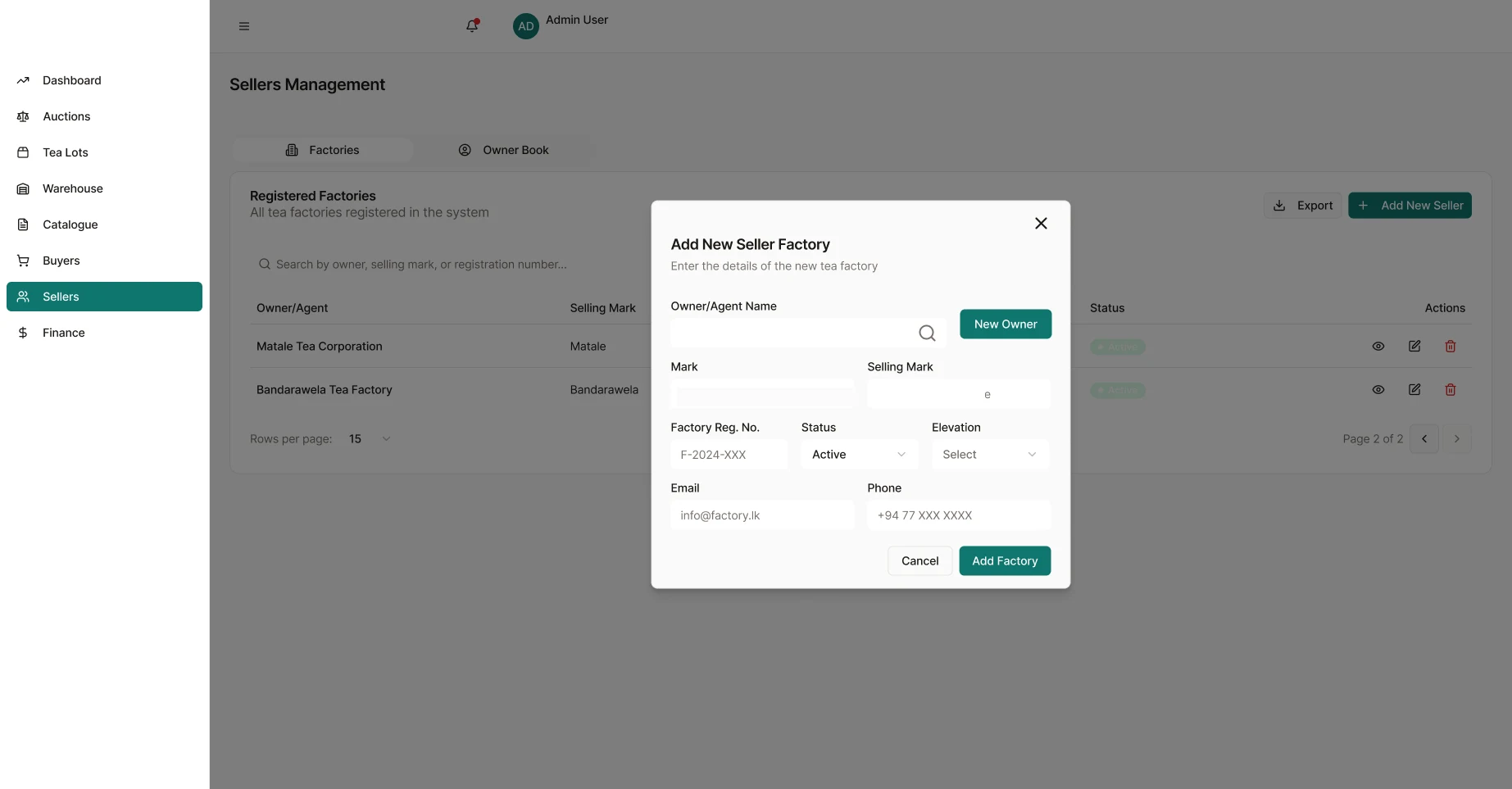 Tea Brokerage Management Platform: Sellers · add new factory